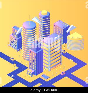 Futuristic city isometric vector illustration. 3d skyscrapers, residential area with roads, streets, cars, infrastructure. Housing estate, realistic urban buildings, megapolis dwelling place Stock Vector