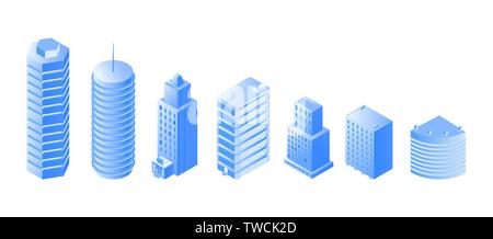 Urban architecture isometric illustrations set. 3d high-rise towers, office centers, modern skyscrapers. Real estate agency catalogue of residential area buildings, smart home, dwelling places Stock Vector