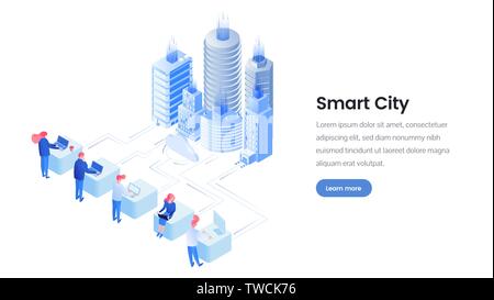 Smart city isometric landing page template. Futuristic urban environment promotion webpage layout with text space. IT specialists, experts managing, controlling megapolis communication system Stock Vector