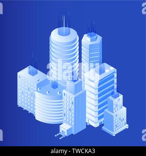 Smart city isometric vector illustration. 3d skyscrapers, residential buildings. Architecture bureau, design agency infrastructure project with realistic urban towers, office centers, dwelling places Stock Vector