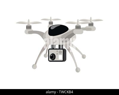 Drone flat vector color illustration. Cartoon flying copter with camera, quad rotor, quadcopter, aviation isolated design element. Digital technology, innovation, modern toy, videotaping device Stock Vector