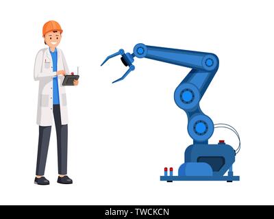 Engineer operate robotic arm flat illustration. Smart industry, automatic manufacturing, industrial revolution. Scientist, mechanic setting futuristic technologies isolated cartoon character Stock Vector