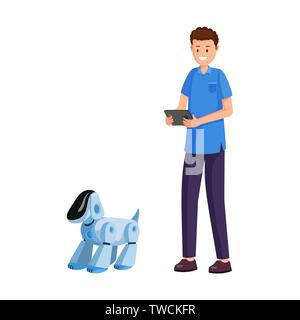 Smart electronic pet flat vector illustration. Teenage boy play with robotic dog, ai pet cartoon character. Robot friend, futuristic kids leisure and entertainment, artificial intelligence innovation Stock Vector