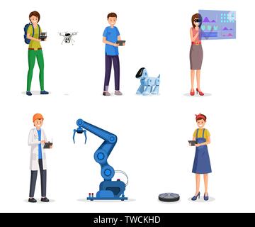 Futuristic technologies flat vector illustrations set. Robotics and automation, smart industry, innovation, scientific developments. Drone, industrial robot arm, electronic dog isolated cliparts Stock Vector
