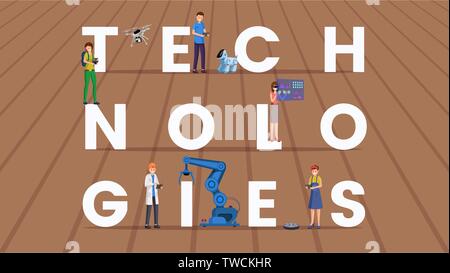 Technologies word concept flat vector banner. Futuristic inventions, automation, artificial intelligence and innovations cartoon illustration. People using robotics, modern machines characters Stock Vector