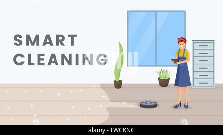 Smart cleaning flat vector banner template. Housewife using robot vacuum cleaner, automatic household appliance cartoon character. Housekeeping with modern, futuristic technologies, home automation Stock Vector