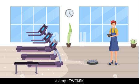Gym smart cleaning flat vector illustration. Happy female janitor using automatic robot vacuum cleaner cartoon character. Fitness club cleaning with intelligent technologies, automation Stock Vector