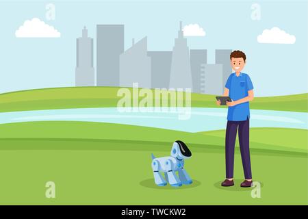 Robot dog toy flat vector illustration. Kid play with remote electronic puppy, pet outdoors cartoon character. Children futuristic entertainment, robotic friends, artificial intelligence in daily life Stock Vector