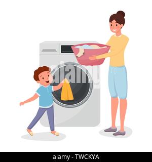 Mother with son doing laundry characters. Child helping mom doing domestic chores isolated illustration. Parent with kid loading clothes in modern washing machine together flat vector drawing Stock Vector