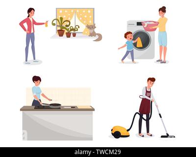 Family doing housework flat illustrations set. Man using vacuum cleaner, mom and son loading washing machine, woman cooking dinner cliparts pack. Domestic chores, characters with household appliances Stock Vector