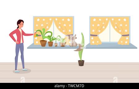 Woman spraying potted plants flat illustration. Young girl watering, sprinkling flowers, doing housework, cat sitting on window sill vector drawing. Houseplants nursery and care, domestic chores  Stock Vector