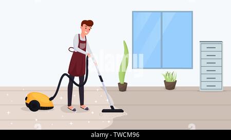 Man hoovering floor flat vector illustration. Husband cleaning carpet, using vacuum cleaner, doing housework, domestic chores, housekeeping. Guy with modern household appliance cartoon character Stock Vector