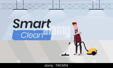 Cleaning services flat web banner template. Man hoovering carpet, using modern vacuum cleaner illustration. Household appliances store advertising poster with smart clean typography  Stock Vector