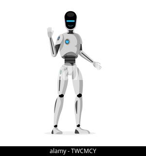 Futuristic humanoid robot flat vector illustration. Smiling cybernetic organism waving hand cartoon character. Friendly artificial intelligence, cyborg, smart electronic system, technology innovation Stock Vector