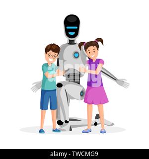 Robot with happy children flat vector illustration. Little boy and girl with artificial babysitter cartoon characters. Futuristic babysitting, childcare service innovation, family friendly technology Stock Vector