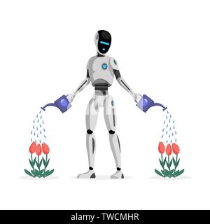 Robot watering flowers flat vector illustration. Mechanical gardener, futuristic garden assistant cartoon character. Artificial intelligence cultivating plants, horticulture assistance technology Stock Vector