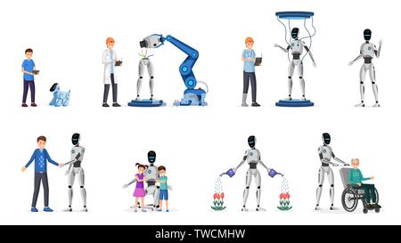 Robotic technology flat vector illustrations set. Cyborgs, adults and children cartoon characters. Futuristic technology in everyday life, kid plays with artificial dog, droid gardener, babysitter Stock Vector