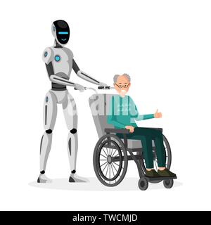 Robot with disabled man flat vector illustration. Cyborg caregiver and handicapped senior in wheelchair cartoon characters. Smart elderly care technology, futuristic nursing home design element Stock Vector
