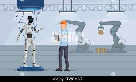 Robot testing process flat vector illustration. Cheerful tester in hard hat holding electronic device cartoon character. Futuristic droid factory, technology quality control, machine programming Stock Vector