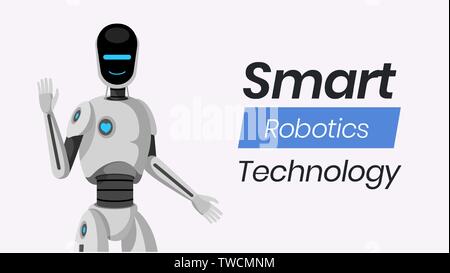 Smart robotics technology vector banner template. Friendly humanoid cyborg waving hand cartoon character, Artificial intelligence advertisement, futuristic droid flat illustration with typography Stock Vector