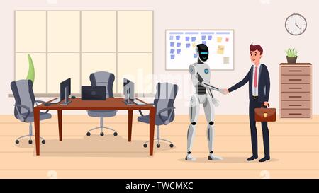 Cyborg and businessman flat vector illustration. Humanoid robot and happy manager in suit shake hands cartoon characters. Futuristic business innovation, successful partnership discussion, agreement Stock Vector