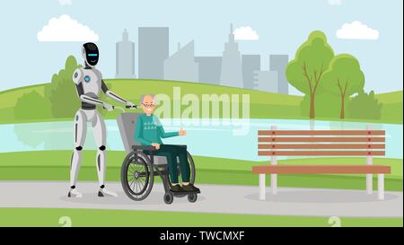 Cyborg with old man outdoor vector illustration. Mechanical caregiver and disabled senior in wheelchair on walk in park cartoon characters. Futuristic elderly care, robot assistant for handicapped Stock Vector