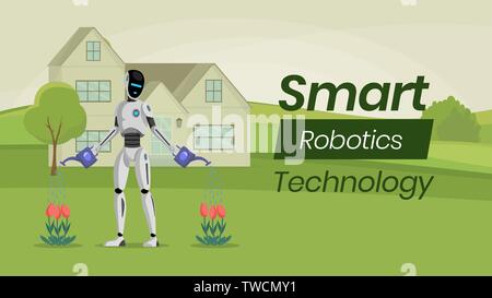 Futuristic gardening flat banner vector template. Humanoid robot, mechanical gardener cartoon character. Smart household helper advertisement, cyborg watering flowers illustration with typography Stock Vector