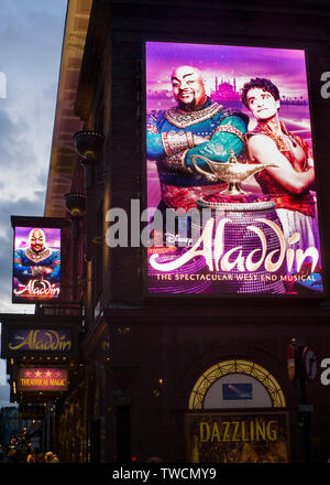 Aladin west end musical signage on Prince Edward Theatre in Old Compton Street, Soho, London UK Stock Photo