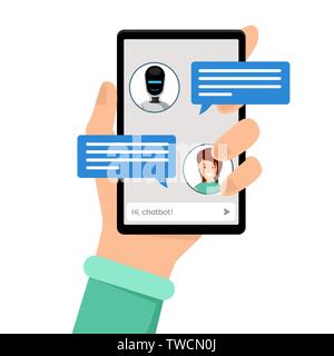 Conversation with chatbot flat vector illustration. Hand holding smartphone with user avatars and speech boxes on screen. Message exchange with artificial intelligence, smart communication technology Stock Vector