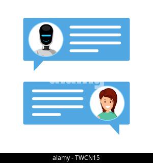 Woman chatting with robot flat vector illustration. Message boxes with user and chatbot avatars. Communication with artificial intelligence, modern online customer support service, internet technology Stock Vector