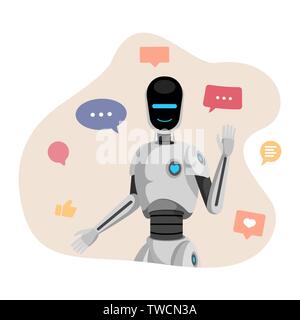 Humanoid robot, chatbot flat vector illustration. Artificial intelligence, friendly cyborg waving hand cartoon character. Smiling chat bot surrounded with social media icons, speech bubbles and likes Stock Vector