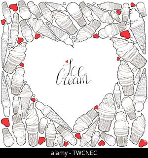 Heart made of hand drawn ice cream. Handwritten lettering. Vector elements for labels, logos, badges, stickers or icons. Creative decoration for Stock Vector