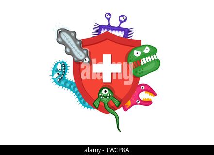 Immune system concept. Hygienic medical red shield protecting from virus germs and bacteria. Flat vector eps10 illustration on white background Stock Vector