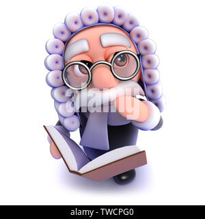 3d render of a funny cartoon judge reading a legal book Stock Photo