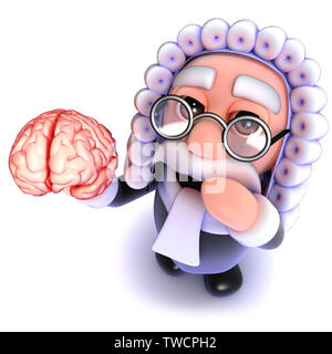 3d render of a funny cartoon judge character holding a human brain Stock Photo