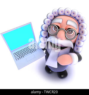 3d render of a funny cartoon judge character holding a laptop pc device Stock Photo