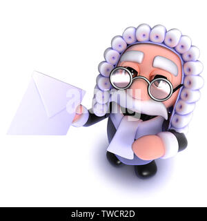 3d render of a funny cartoon judge character holding an envelope message Stock Photo