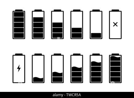 Battery charge indicator icons set. Charging level full power high to low and lightning. Mobile gadget alkaline energy status black vector illustration Stock Vector