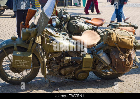 A fully equipped1942 vintage Military Harley Davidson parked at Weymouth Harbour, Weymouth, Dorset