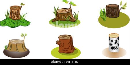 Stumps of trees set with variety of sorts of tree, some lives and gracc together Stock Vector