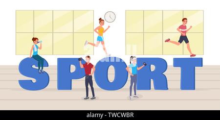 Strong sports people having workout, doing sport, drinking water, running in gym near big sport letters flat style vector illustration Stock Vector