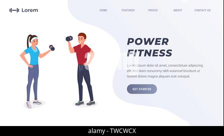 Website template with two sports people with dumbbells vector illustration. Man and woman working out lifting having workout. Place for text. Get started button Stock Vector
