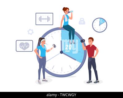 Cartoon sports people having working out, doing different exercises, resting and drinking water vector illustration. Pulse dumbbells and clock icons. Isolated on white Stock Vector