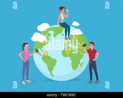 Cartoon fitness people sitting and standing near globe vector illustration. Men and women having workout around world. Healthy lifestyle concept. Location pins icons isolated on blue Stock Vector