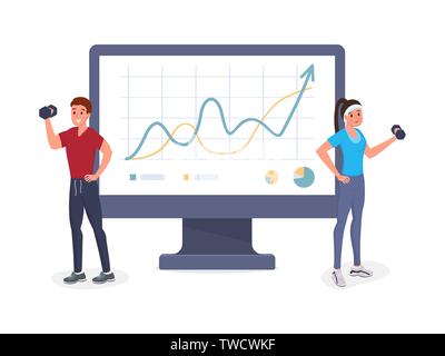 Two sports people having workout vector illustration. Man and woman lifting weights and dumbbells getting in shape. Smiling athletes near big computer monitor with graphs. Isolated on white Stock Vector