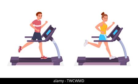 Smiling cartoon man and woman running on treadmill flat style vector illustration isolated on white background Stock Vector