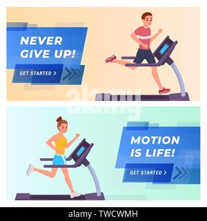 Set of fitness and sport banners. Man and woman running on treadmill Stock Vector