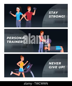 Composition consist of webpage template stay strong, personal trainer, never give up. People working out lifting weights and dumbbells up getting in shape vector illustration. Place for text Stock Vector