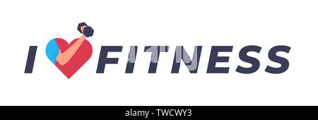 I love the fitness concept. Dumbbell in hand in red heart. Inscription flat style vector illustration isolated on white Stock Vector