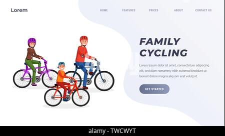 Family recreation and activities landing page concept. Family riding bikes. Active lifestyle flat style vector illustration Stock Vector